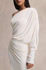 Olivia | Cream Asymmetric-Neck Maxi Dress With Ruched Detailing Asymmetric-Hem