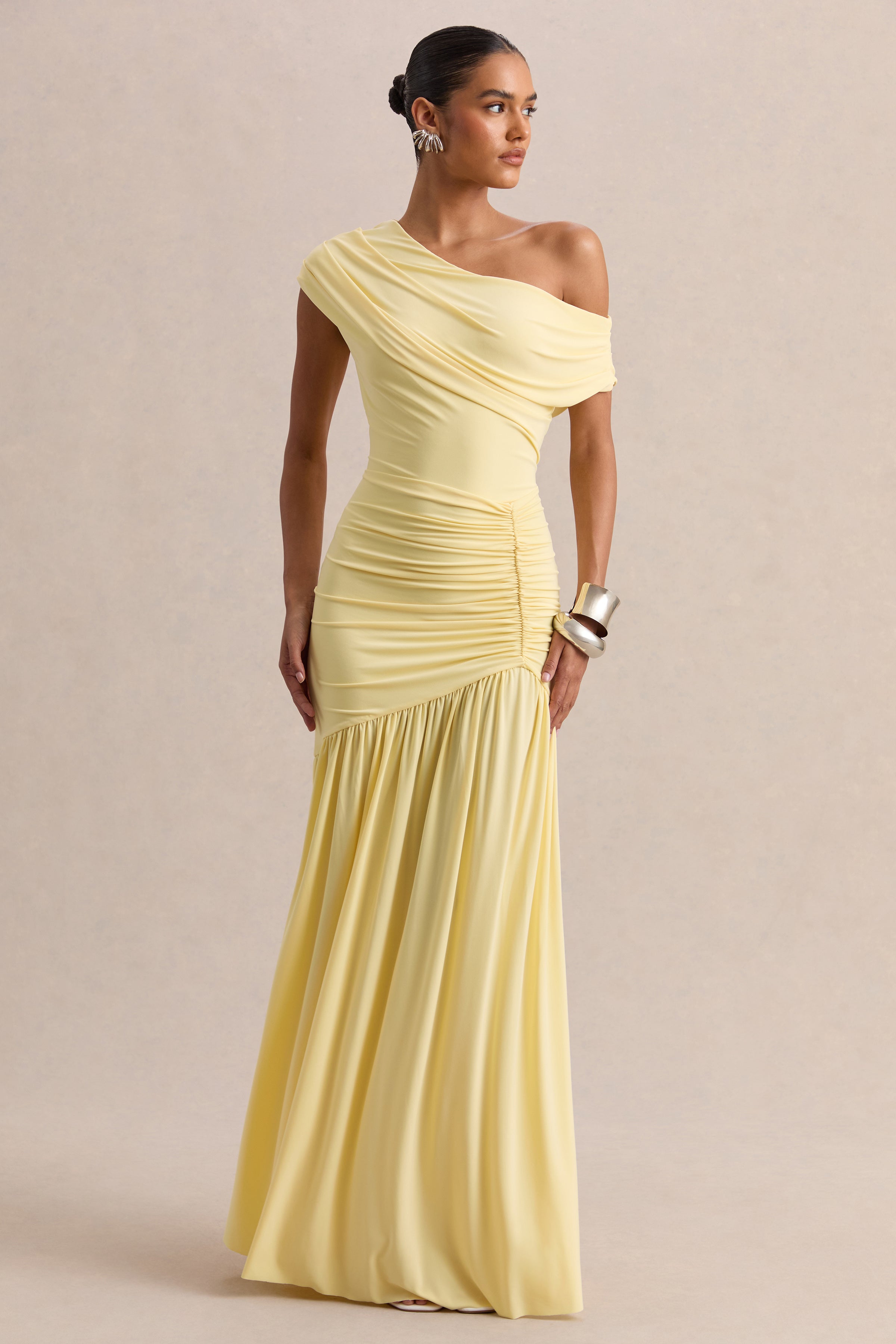 Kady | Lemon Asymmetric-Neck Maxi Dress With Ruched Detailing