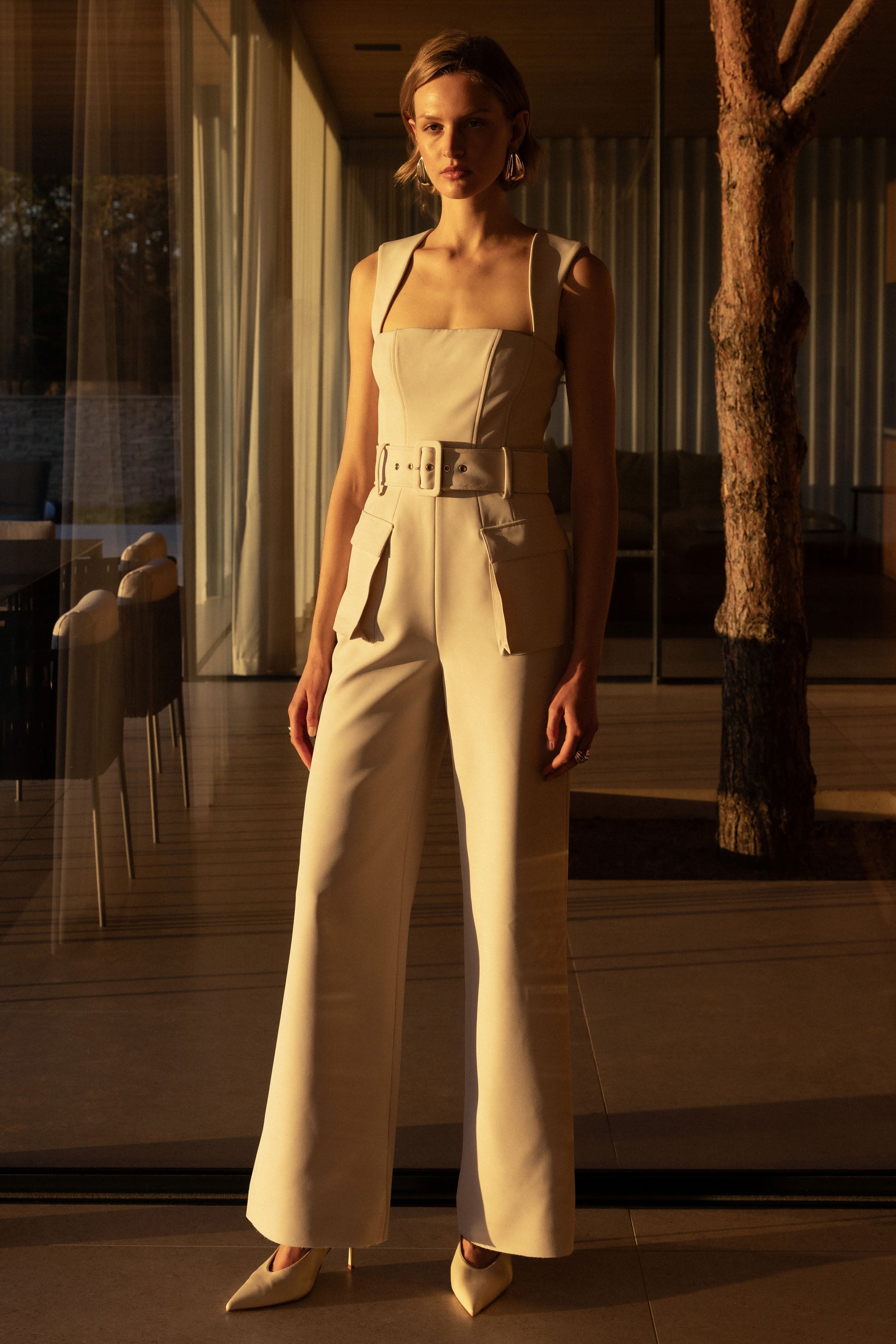 Solice | Cream Square-Neck Tailored Jumpsuit