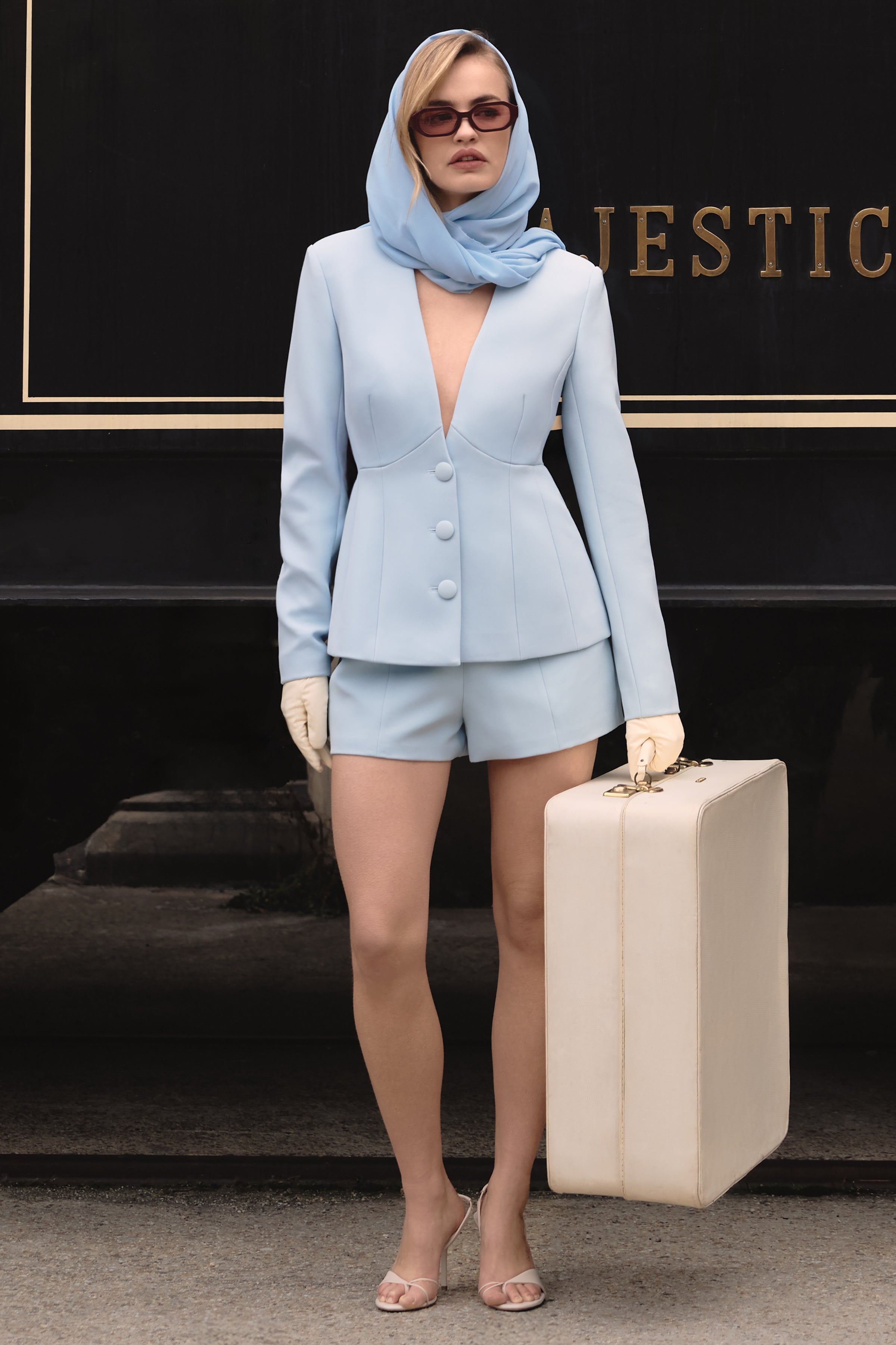 Rosalina | Light Blue Extreme-Plunge Neck Tailored Blazer