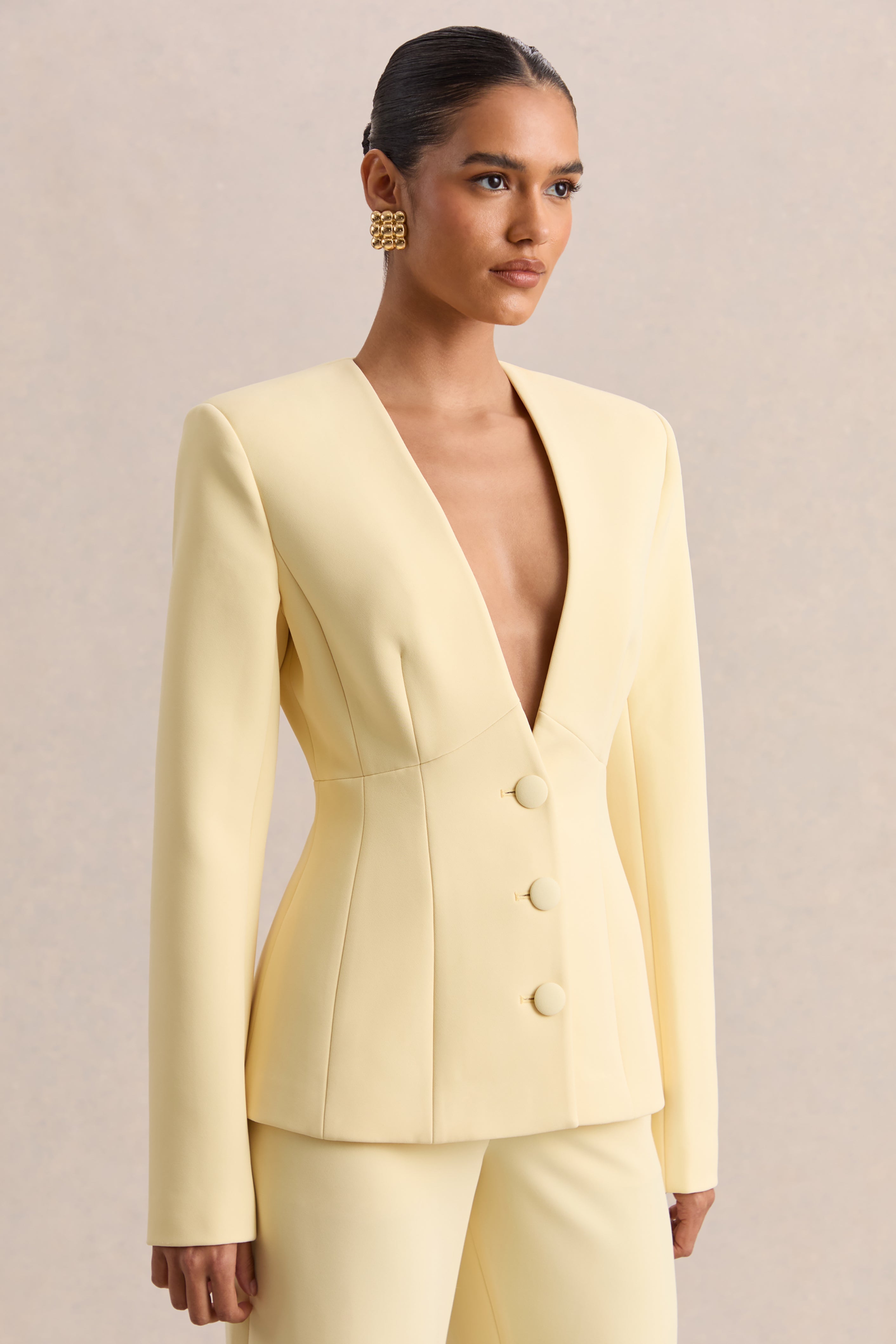 Rosalina | Lemon Extreme-Plunge Neck Tailored Blazer