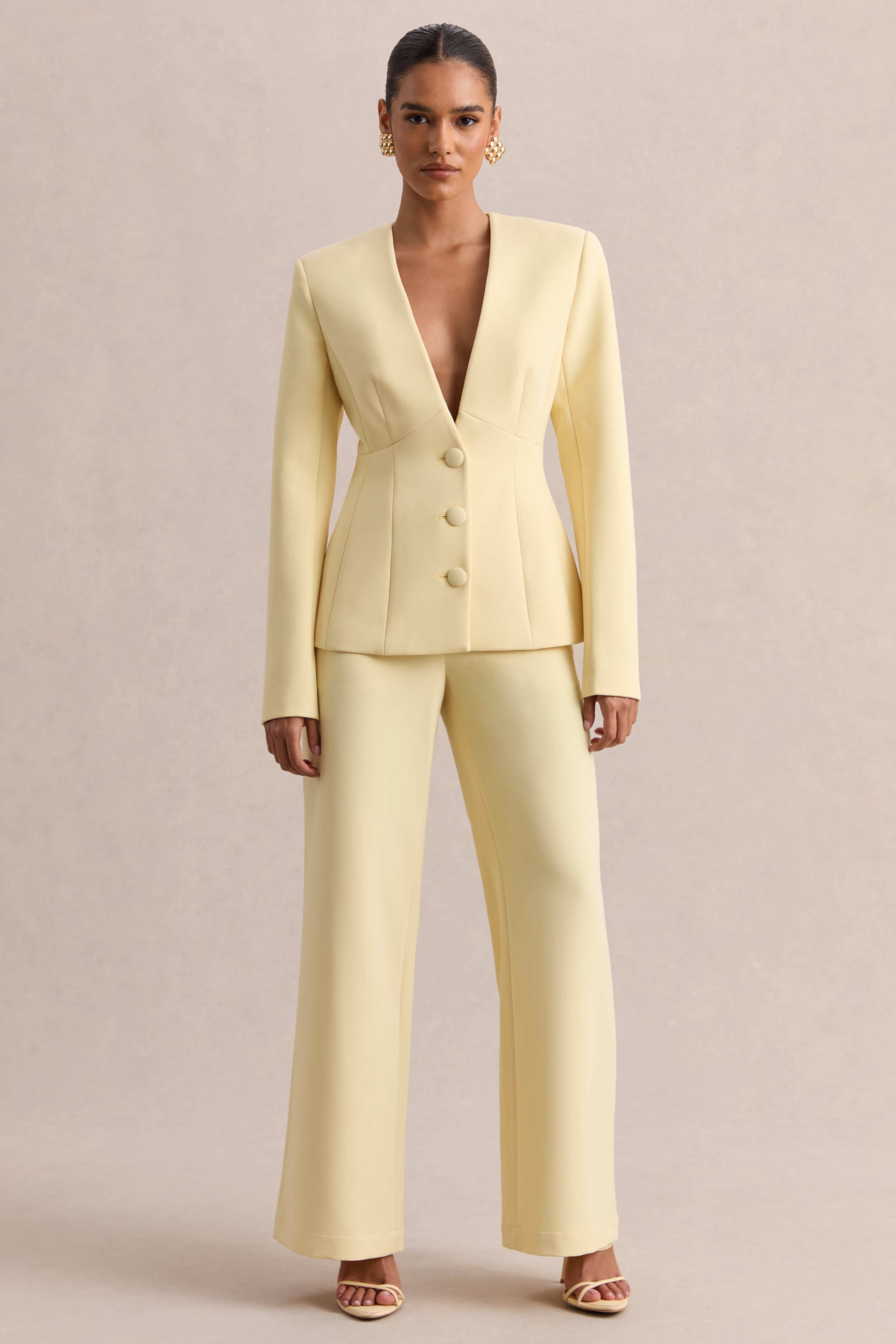 Rosalina | Lemon Extreme-Plunge Neck Tailored Blazer