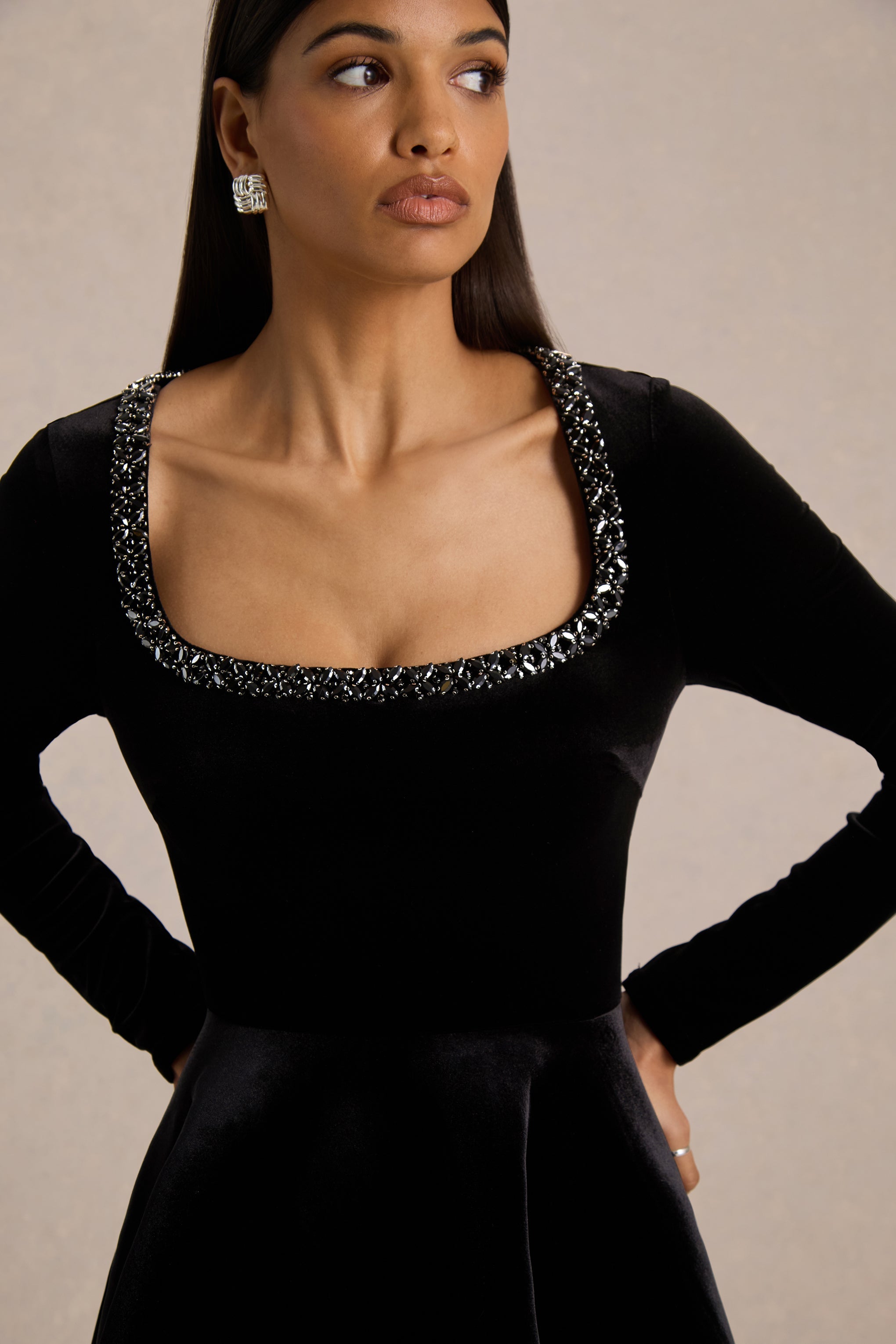 Beloved | Black Velvet Embellished Square-Neck Mini Dress