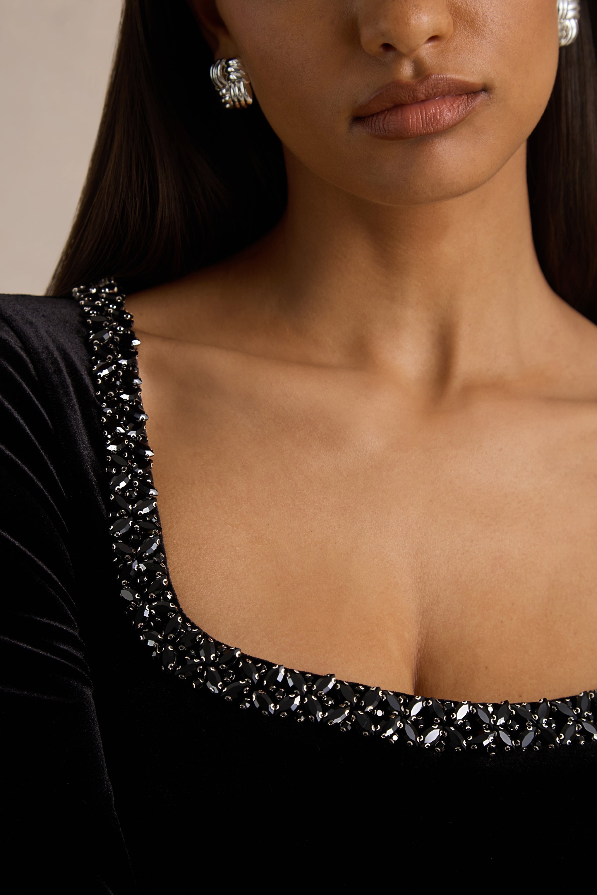 Beloved | Black Velvet Embellished Square-Neck Mini Dress