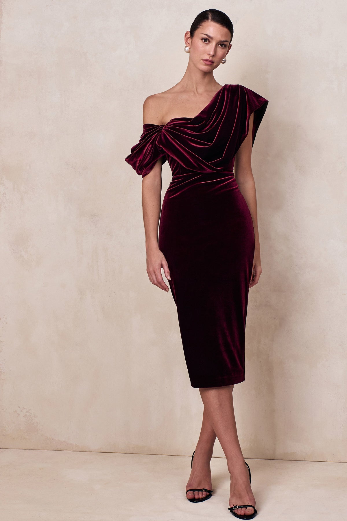 High End | Burgundy Velvet Asymmetric-Neck Midi Dress With Draped Detailing