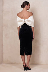 Twilight | Black And White Velvet Bardot-Neck Midi Dress With Oversized Satin Bow