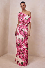 Emberly | Pink Hibiscus Floral Print Asymmetric Neck Maxi Dress With Drop Waist