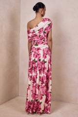 Emberly | Pink Hibiscus Floral Print Asymmetric Neck Maxi Dress With Drop Waist