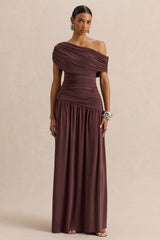 Emberly | Brown Draped Asymmetric-Neck Maxi Dress With Drop-Waist