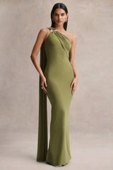 Mandy | Olive Asymmetric-Neck Maxi Dress With Gold-Detail