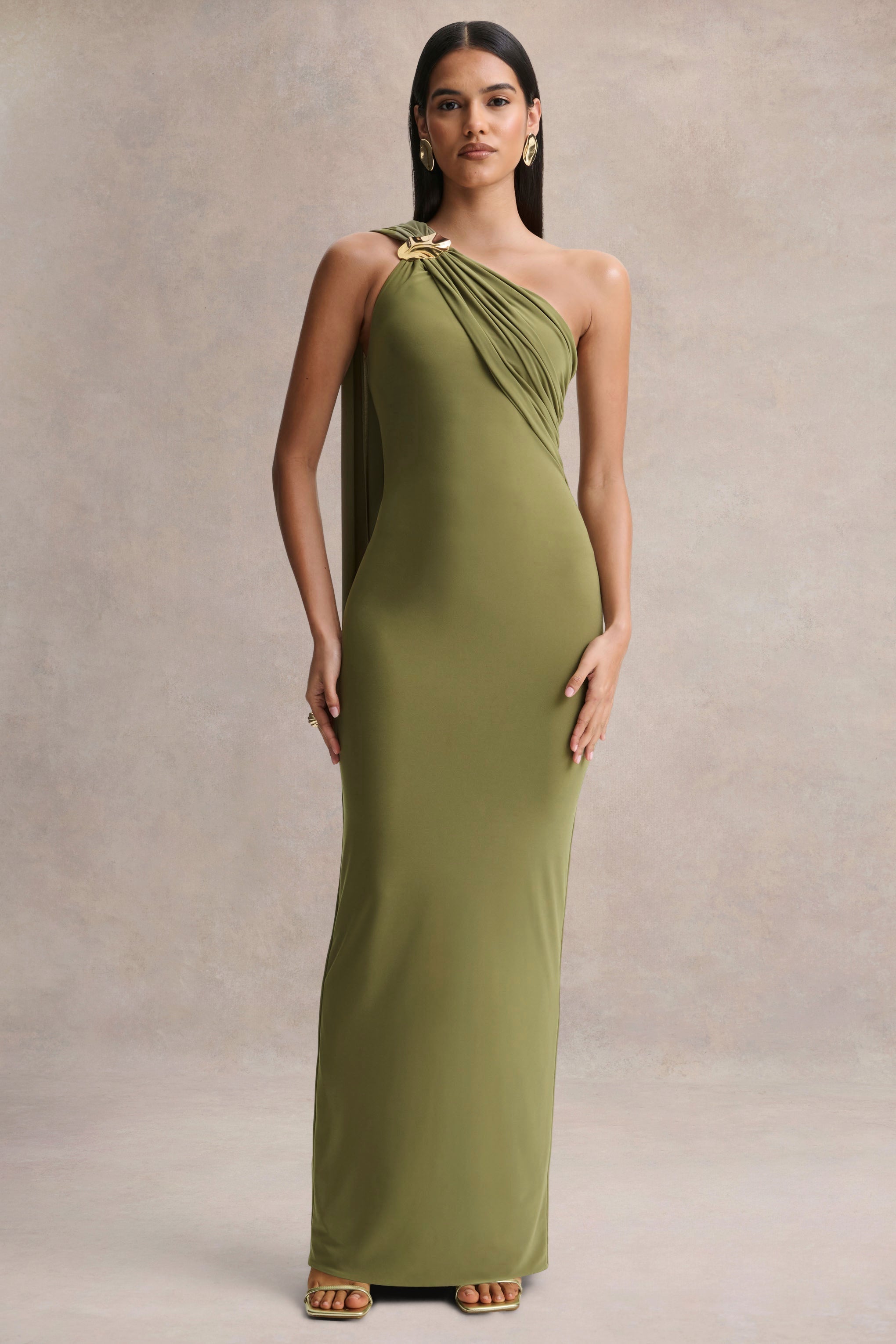 Mandy | Olive Asymmetric-Neck Maxi Dress With Gold-Detail