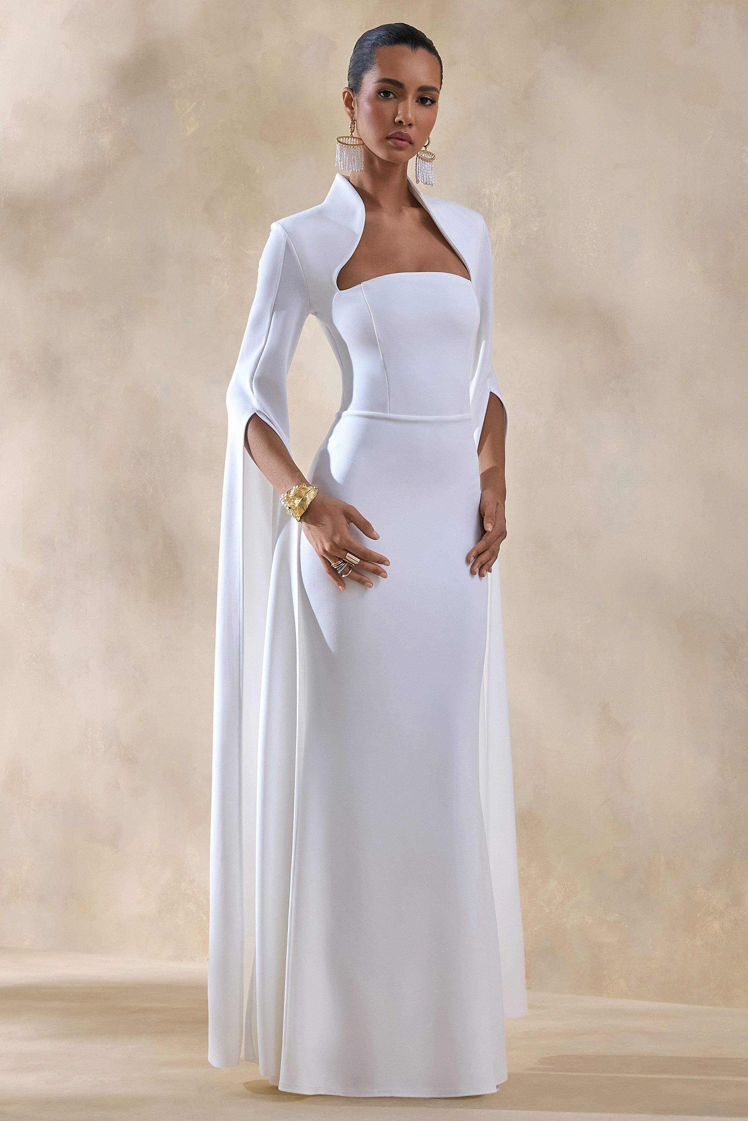 Esme | White Square-Neck Maxi Dress With Cape Sleeves