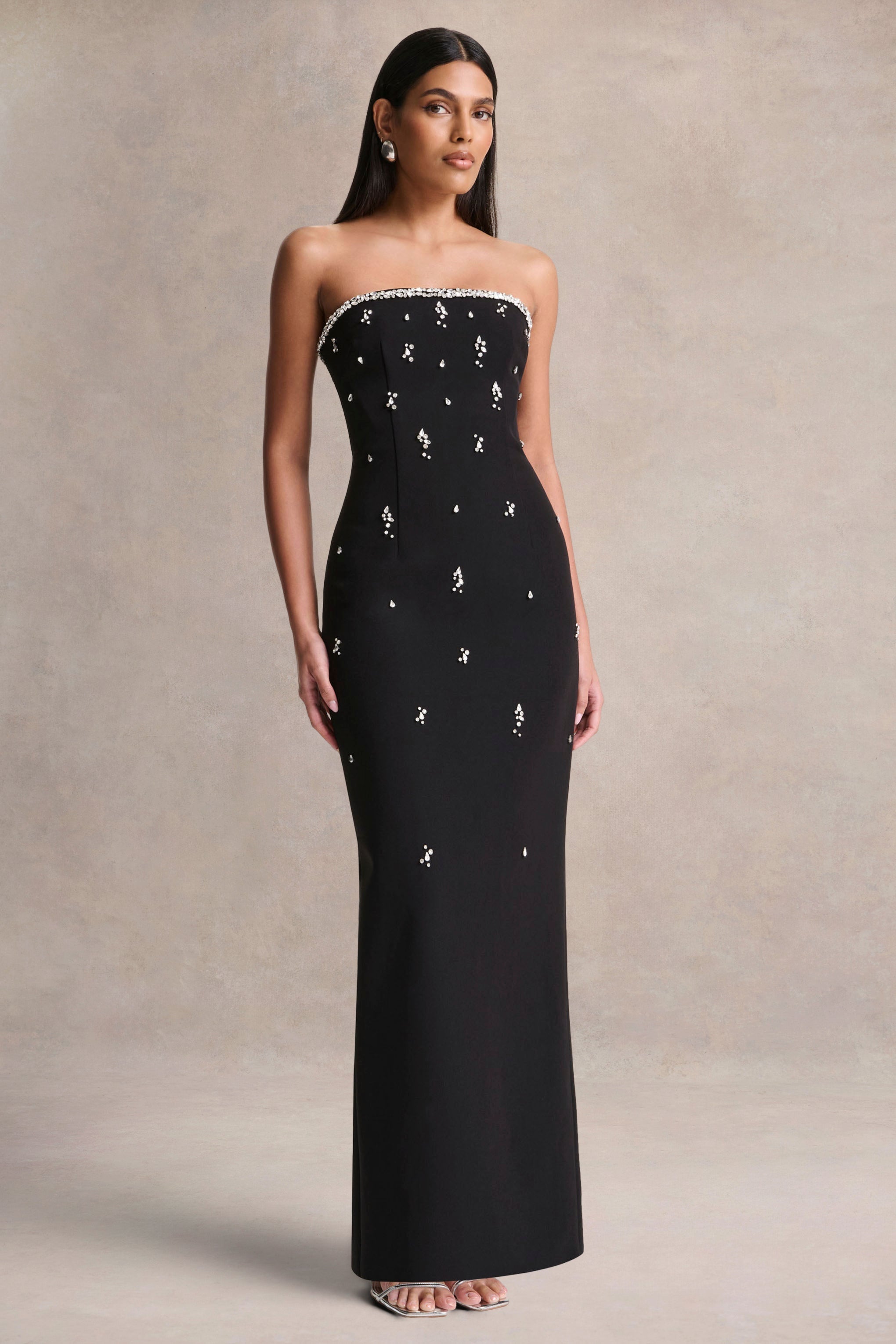 Rominia | Black Bandeau Hand-Embellished Maxi Dress