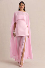 Chessa | Light Pink Boat-Neck Maxi Dress With Sheer Cape