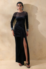 Perrin | Black Velvet Crew-Neck Maxi Dress With Embellished Cuffs