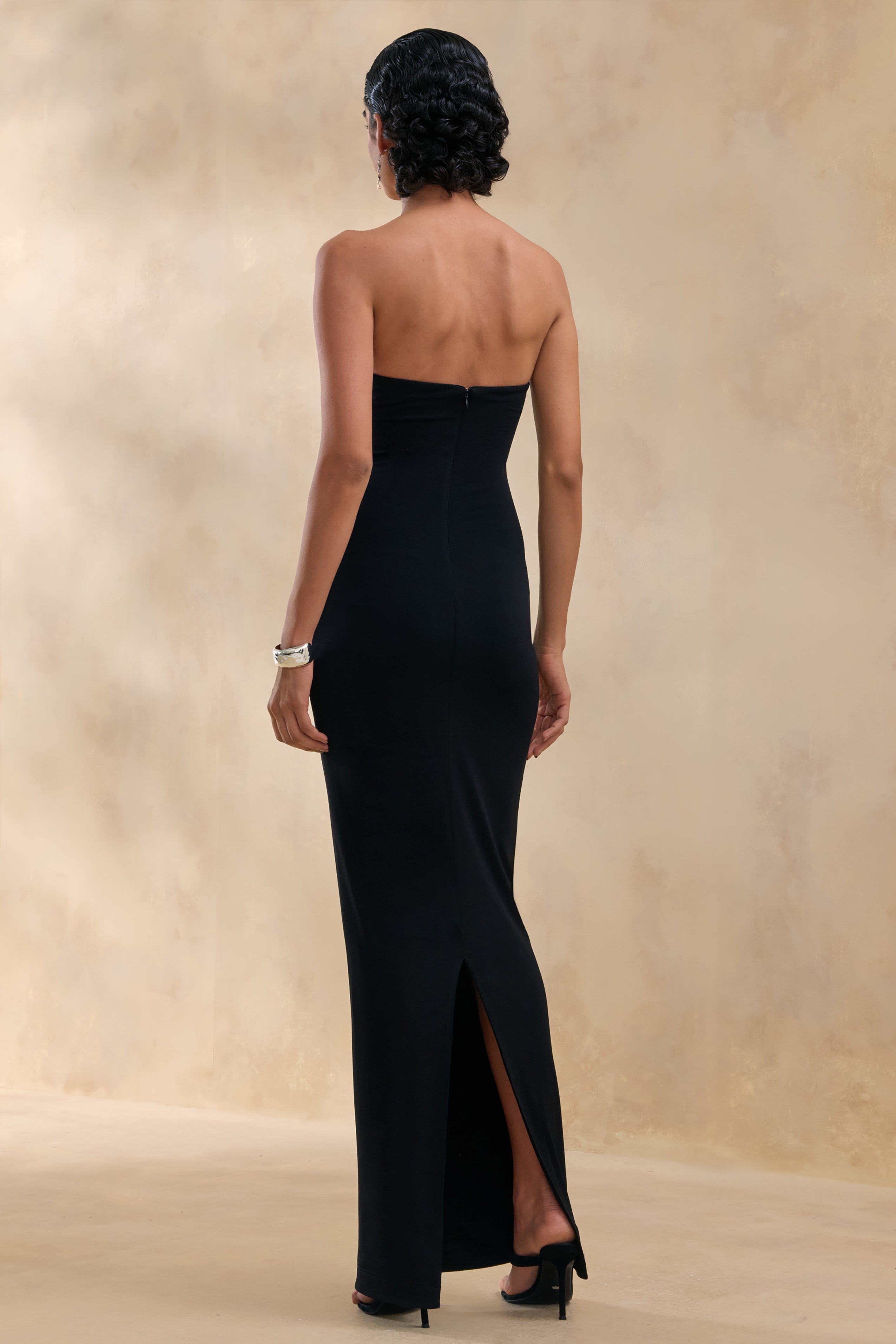 Milania | Black Asymmetric-Neck Maxi Dress With Twist-Sleeve