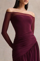 Luminary | Dark Plum Bardot-Neck Maxi Dress With Mesh Sleeves