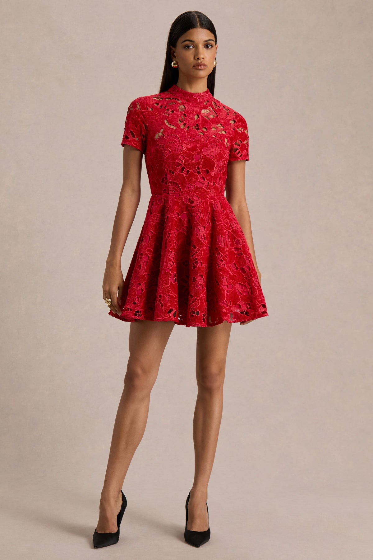Roam | Red Lace High-Neck Mini Dress