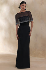 Everly | Black Hand-Embellished Cape-Sleeve Maxi Dress