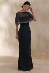 Everly | Black Hand-Embellished Cape-Sleeve Maxi Dress