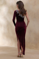 Nyssa | Burgundy Embellished Asymmetric-Neck Maxi Dress