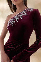 Nyssa | Burgundy Embellished Asymmetric-Neck Maxi Dress