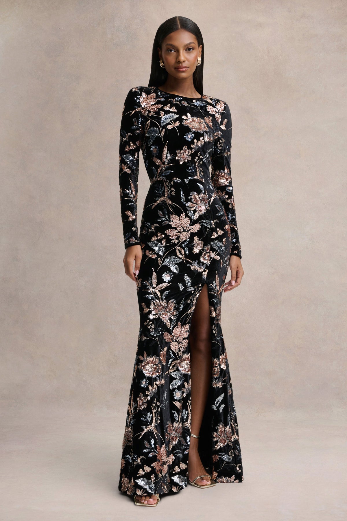 Lyric | Black Floral Velvet And Sequin Embellished Crew-Neck Maxi Dress