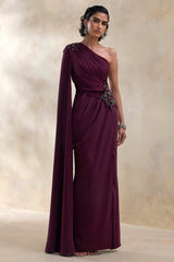 Solace | Dark Plum Asymmetric-Neck Maxi Dress With Front-High Split