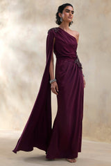 Solace | Dark Plum Asymmetric-Neck Maxi Dress With Front-High Split