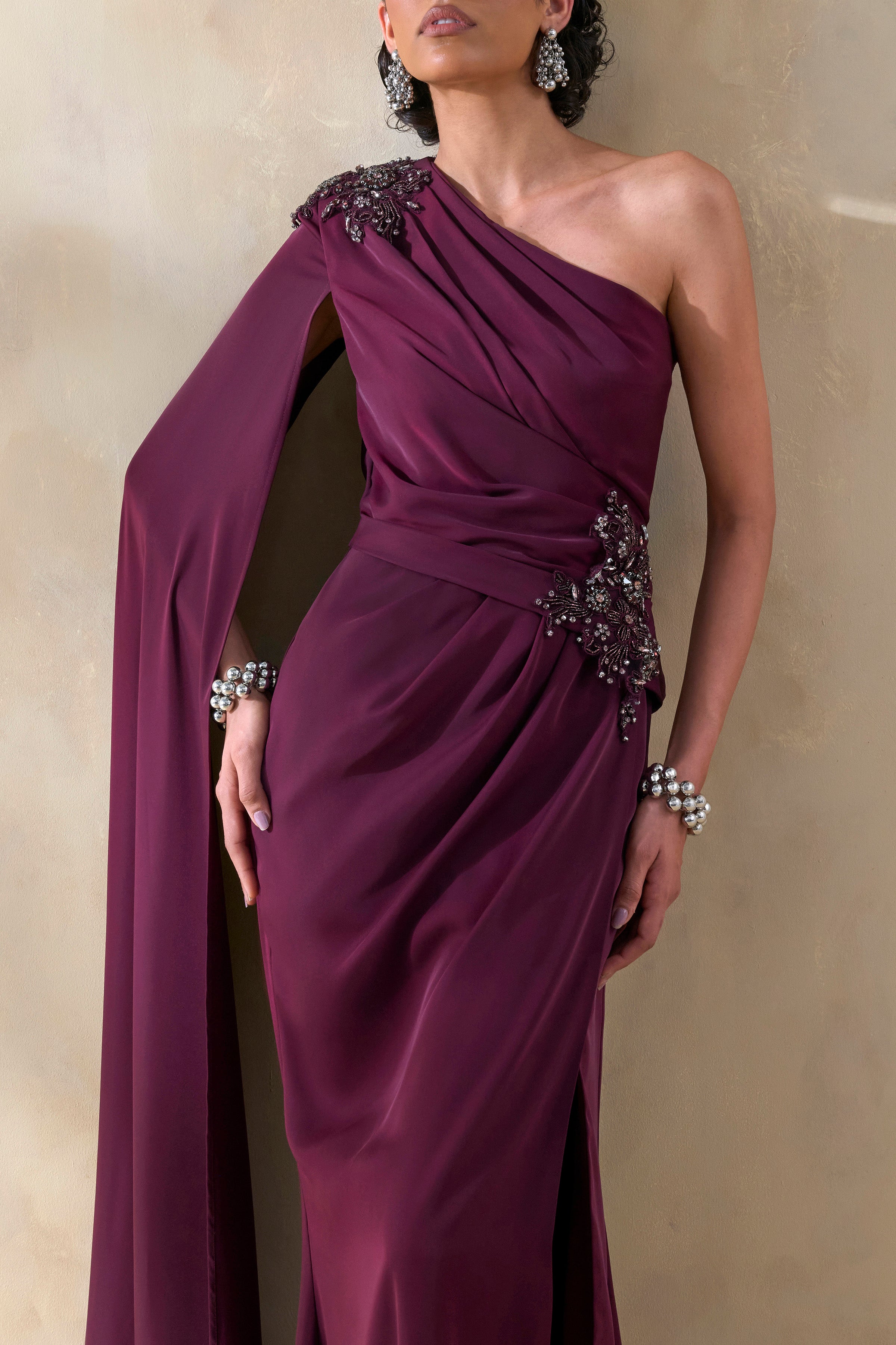 Solace | Dark Plum Asymmetric-Neck Maxi Dress With Front-High Split