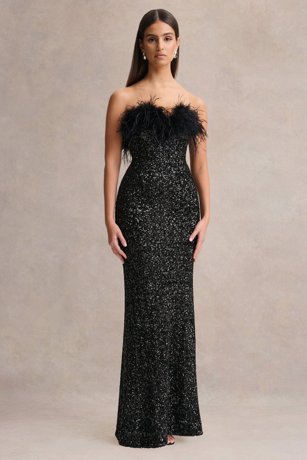 Daze | Black Sequin Bandeau Maxi Dress With Feather-Trim