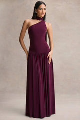 Freesia | Plum Asymmetric-Neck Maxi Dress With Scarf-Detail
