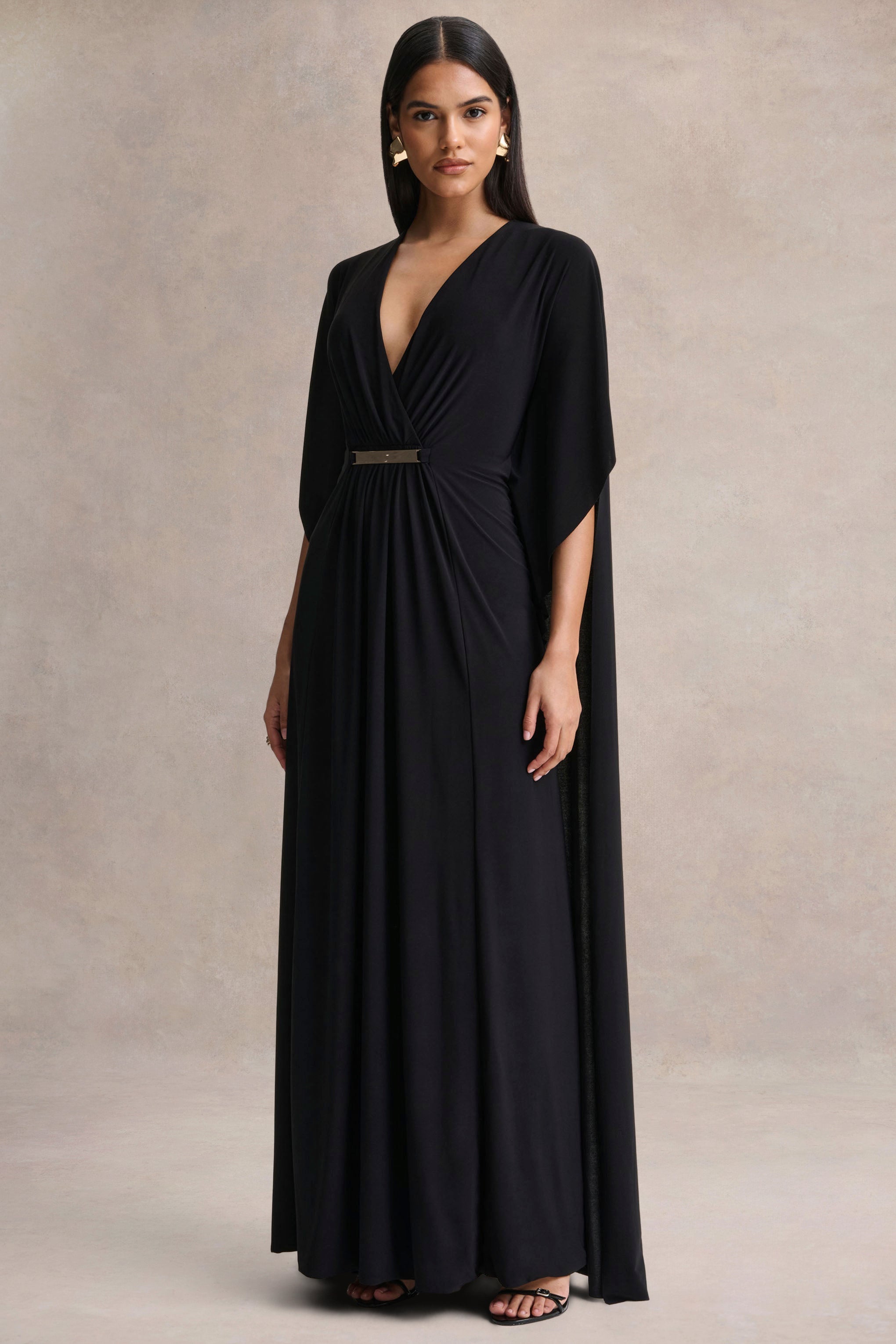 Romilly | Black Plunge-Neck Maxi Dress With Gathered Detail