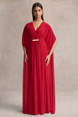 Romilly | Red Plunge-Neck Maxi Dress With Gathered Detail
