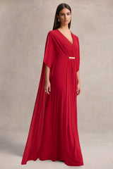 Romilly | Red Plunge-Neck Maxi Dress With Gathered Detail