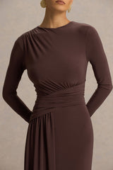 Virelle | Brown Boat-Neck Maxi Dress With Wrap Detail And Sash