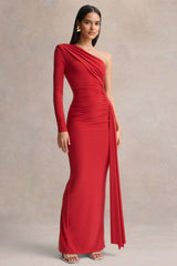 Anne | Red Asymmetric-Neck Wrapped Maxi Dress With Sash