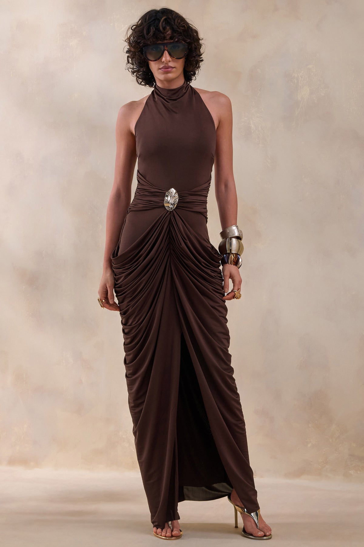 Horizon | Brown High-Neck Maxi Dress With Draped Detailing