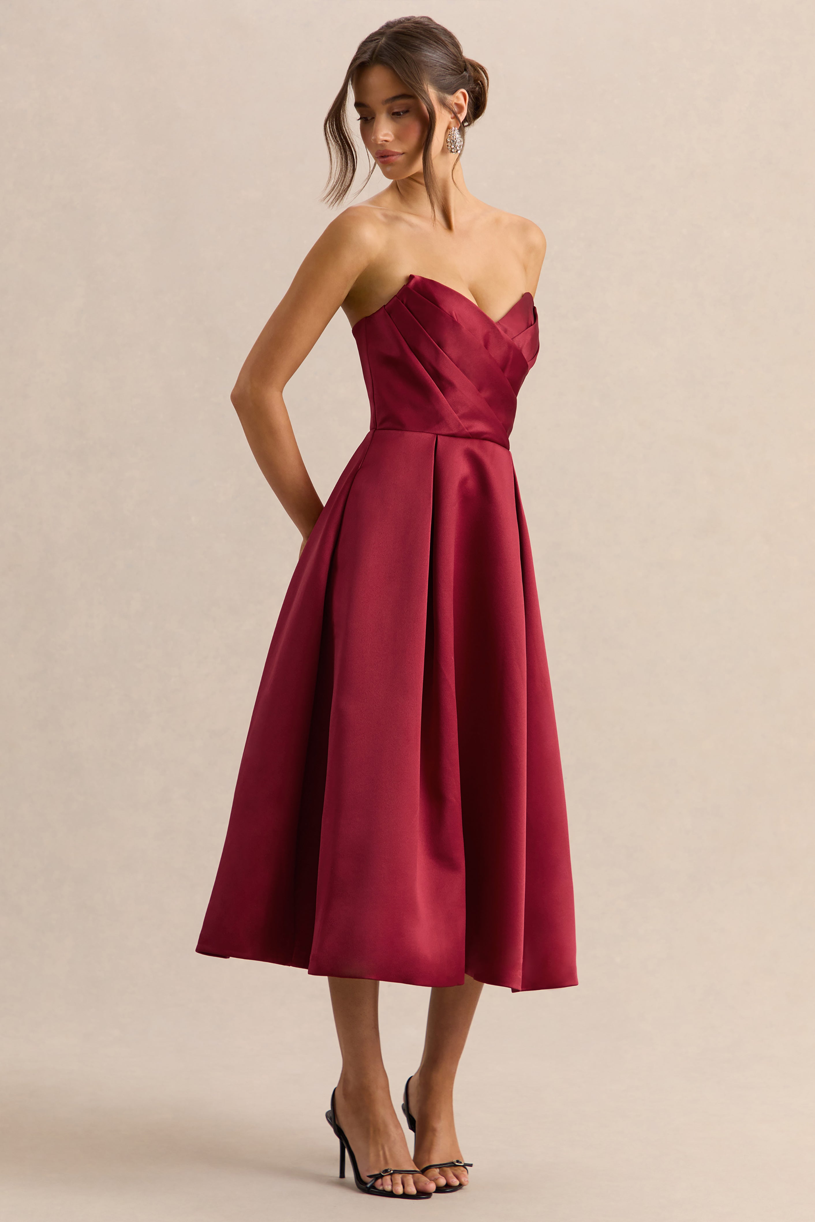 Promises | Red Satin Bandeau-Neck Midi Dress