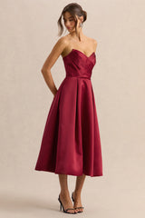 Promises | Red Satin Bandeau-Neck Midi Dress