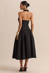 Ella | Black Plunge-Neck Midi Dress With Drop-Waist