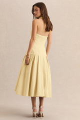 Elise | Lemon Plunge-Neck Midi Dress With Drop-Waist