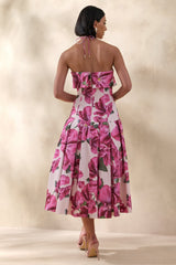 Sylina | Pink Hibiscus Floral Print Square-Neck Midi Dress With Drop Waist