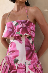 Sylina | Pink Hibiscus Floral Print Square-Neck Midi Dress With Drop Waist