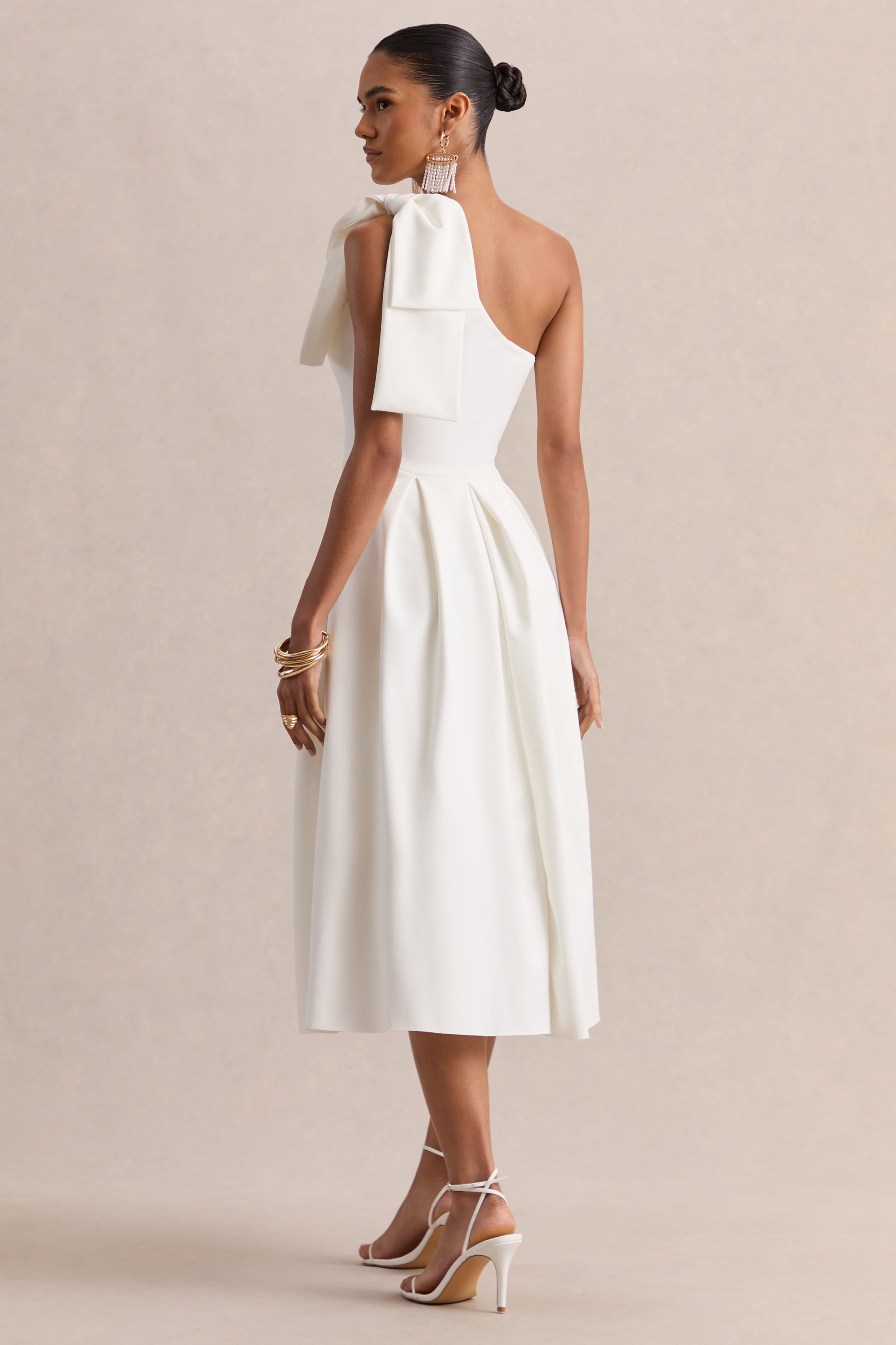 Meria | White Asymmetric-Neck Midi Dress With Bow-Sleeve