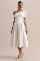Meria | White Asymmetric-Neck Midi Dress With Bow-Sleeve