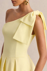 Meria | Lemon Asymmetric-Neck Midi Dress With Bow-Sleeve