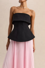 Stellara | Black & Pink Bandeau Corset Maxi Dress With Sheer Skirt