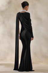 Rubelle | Black Asymmetric-Neck Maxi Dress With Draped-Detailing