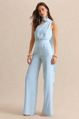 Gliselle | Powder Blue Asymmetric-Neck Jumpsuit With Scarf-Detail